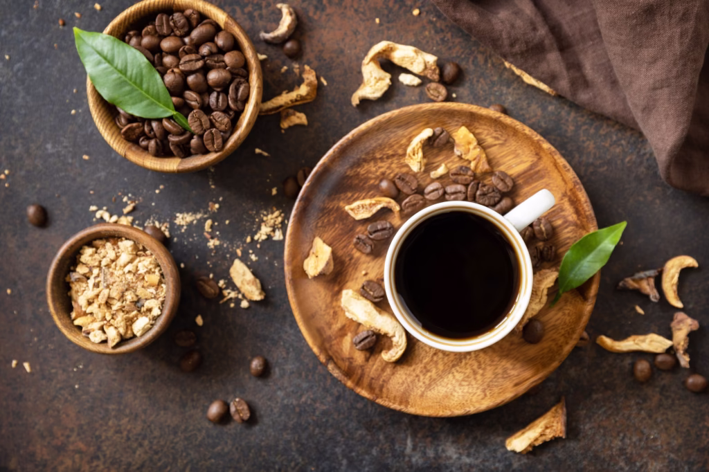 mushroom-coffee-in-a-cup-and-coffee-beans-trendy-drink--1024x682 Café Tem Calorias? A Verdade Definitiva Sobre o Cafezinho e a Balança