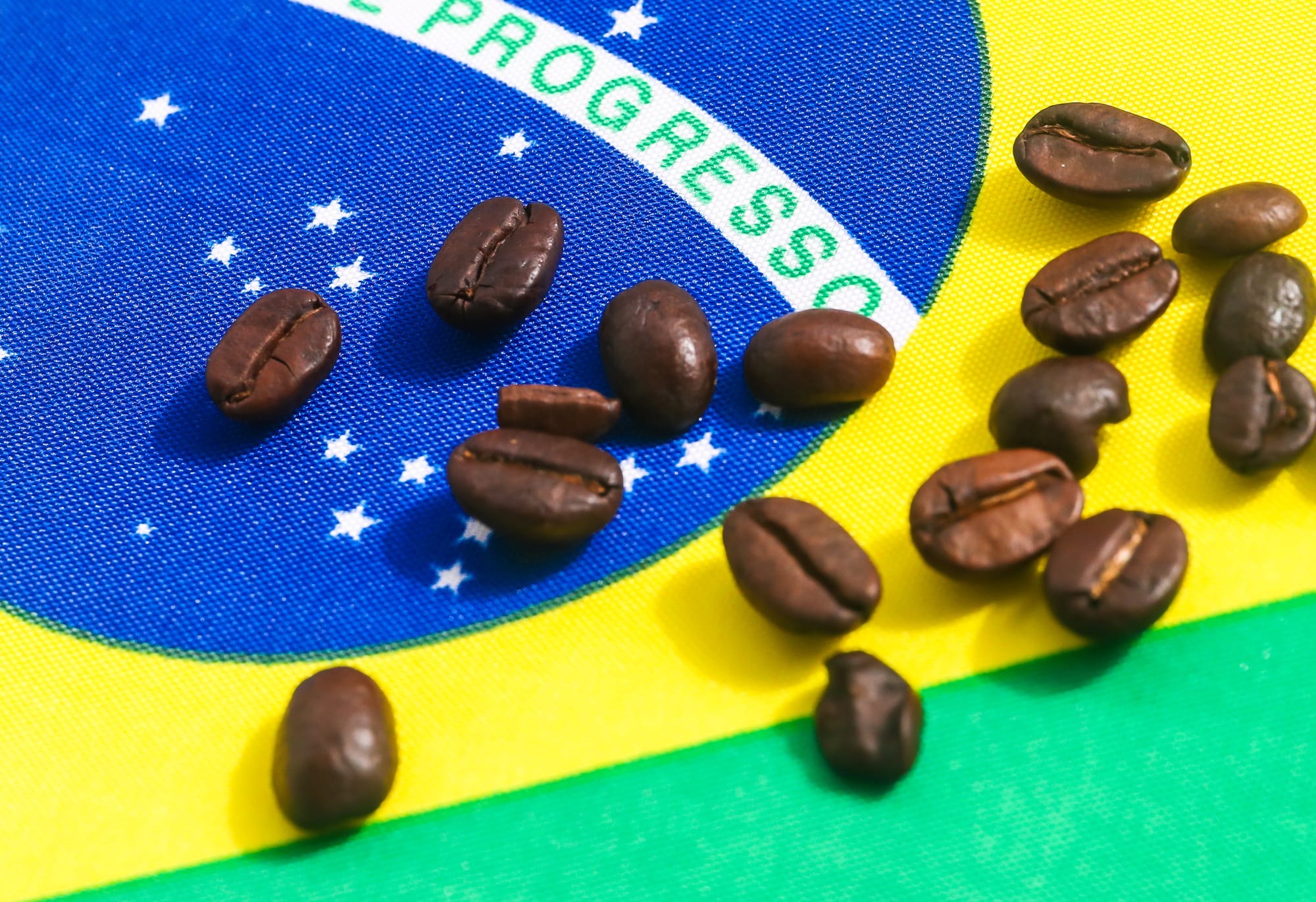 National flag of Brazil with coffee beans